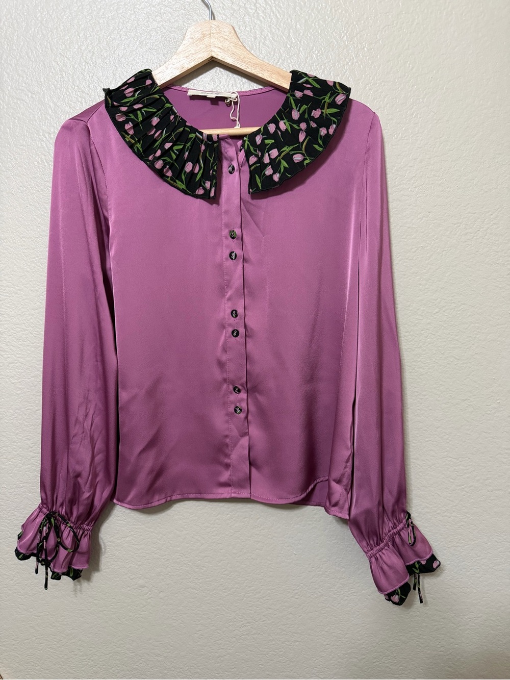 Simple Retro Mauve Floral collar Long Sleeve Blouse L CottageCore Prairie
